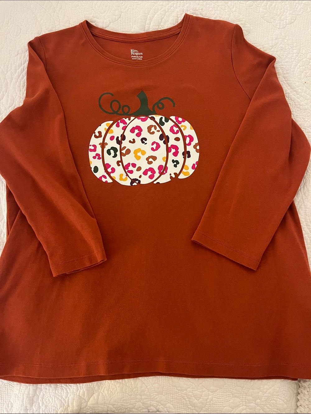 Kim Rogers Long-Sleeve Tee in Rust with Leopard Pumpkin Graphic L